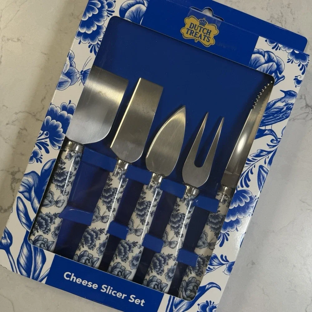Dutch Treats Holland Delft Porcelain Cheese Knife Slicer Set o 5 Stainless Steel